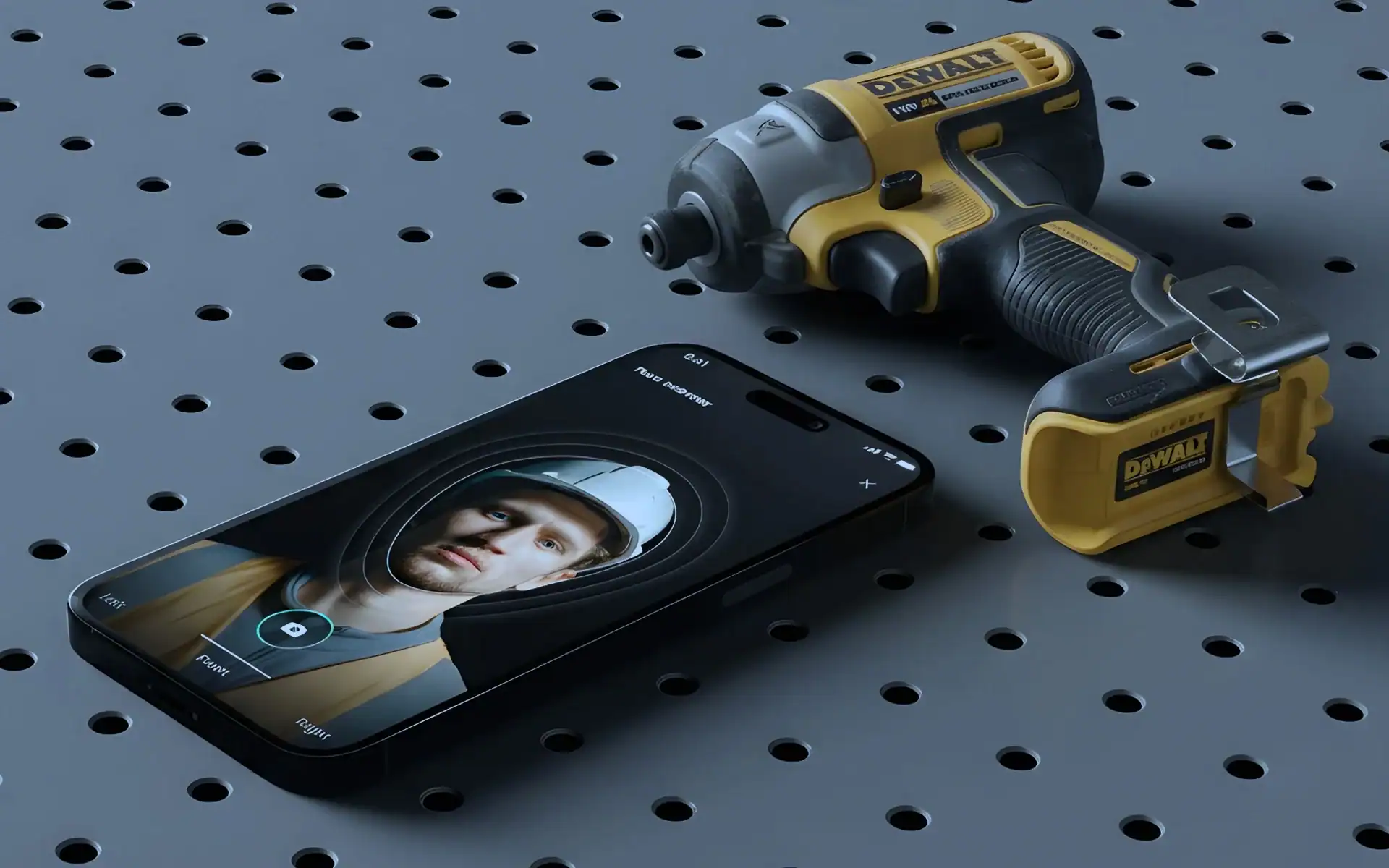 Wireless security camera and power tools on perforated background for trade protection.
